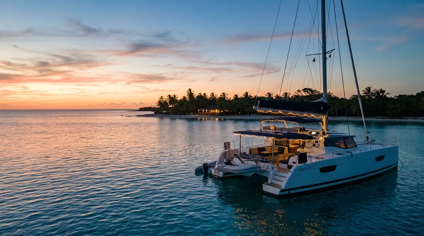 Crewed sailing catamaran lit with warm holiday string lights anchored at Caribbean sunset for a holiday yacht charter