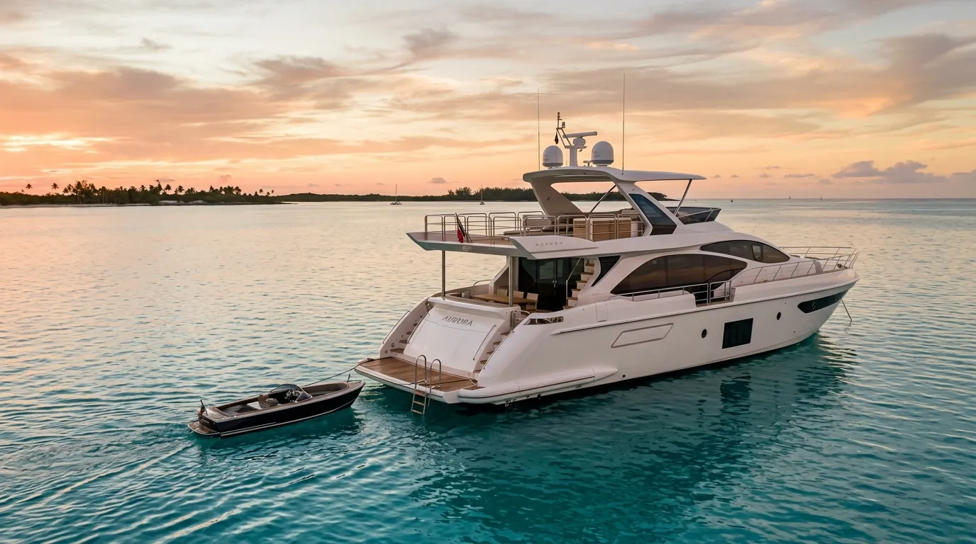 Azimut Benetti motor yacht anchored at sunset in a Caribbean cove