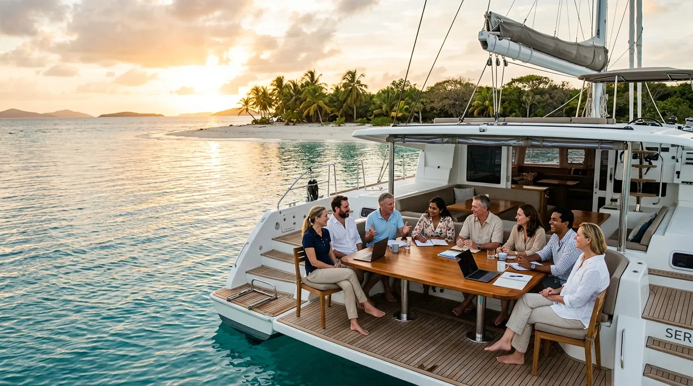 Executive team gathered around a teak deck table aboard a Caribbean corporate yacht charter at golden hour