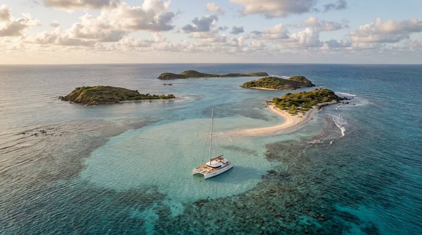 Solo catamaran anchored at the Tobago Cays sandbar in the Grenadines — hidden Caribbean anchorages yacht charter