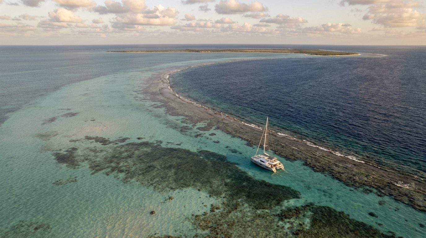 Single sailing catamaran navigating the Horseshoe Reef off Anegada BVI — hidden Caribbean anchorage