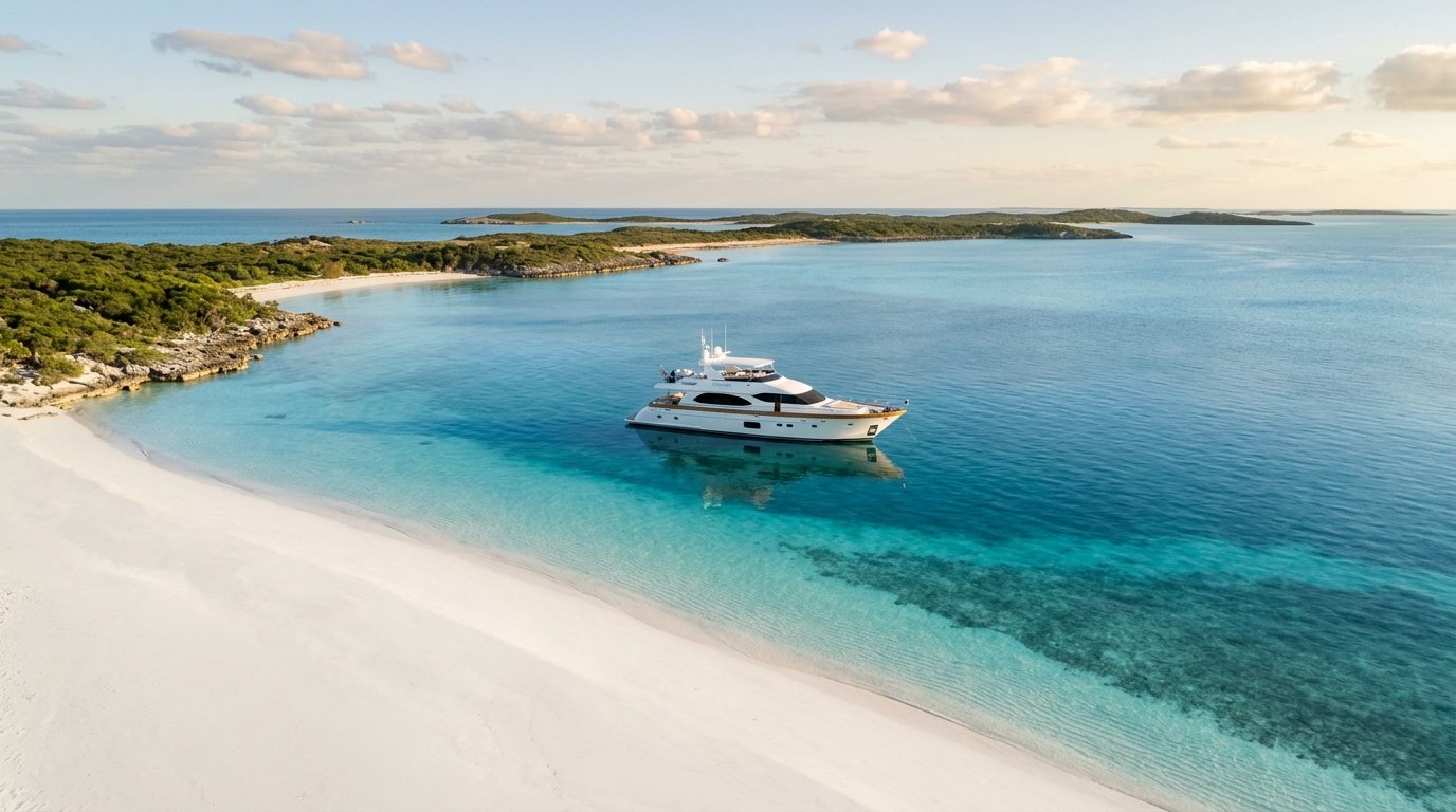 Solo motor yacht anchored near the Compass Cay sandbar in the Exuma Cays Bahamas — hidden Caribbean anchorage