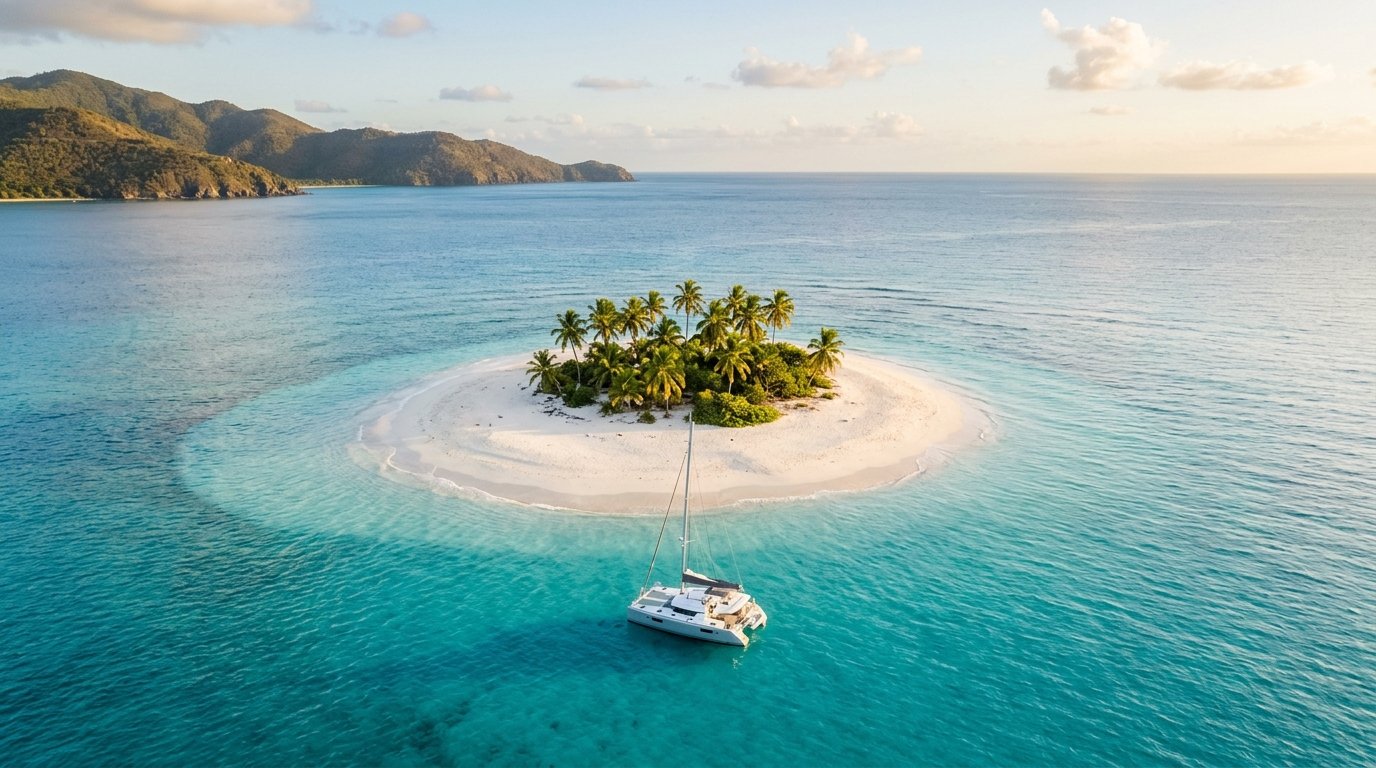 Sandy Spit half-acre uninhabited cay off Jost Van Dyke BVI with a single catamaran anchored offshore