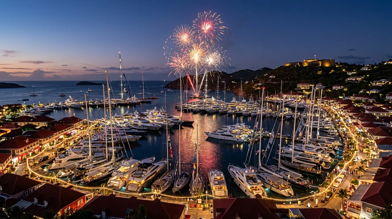 Gustavia harbor in St Barts packed with luxury superyachts and fireworks on New Year's Eve for a holiday yacht charter