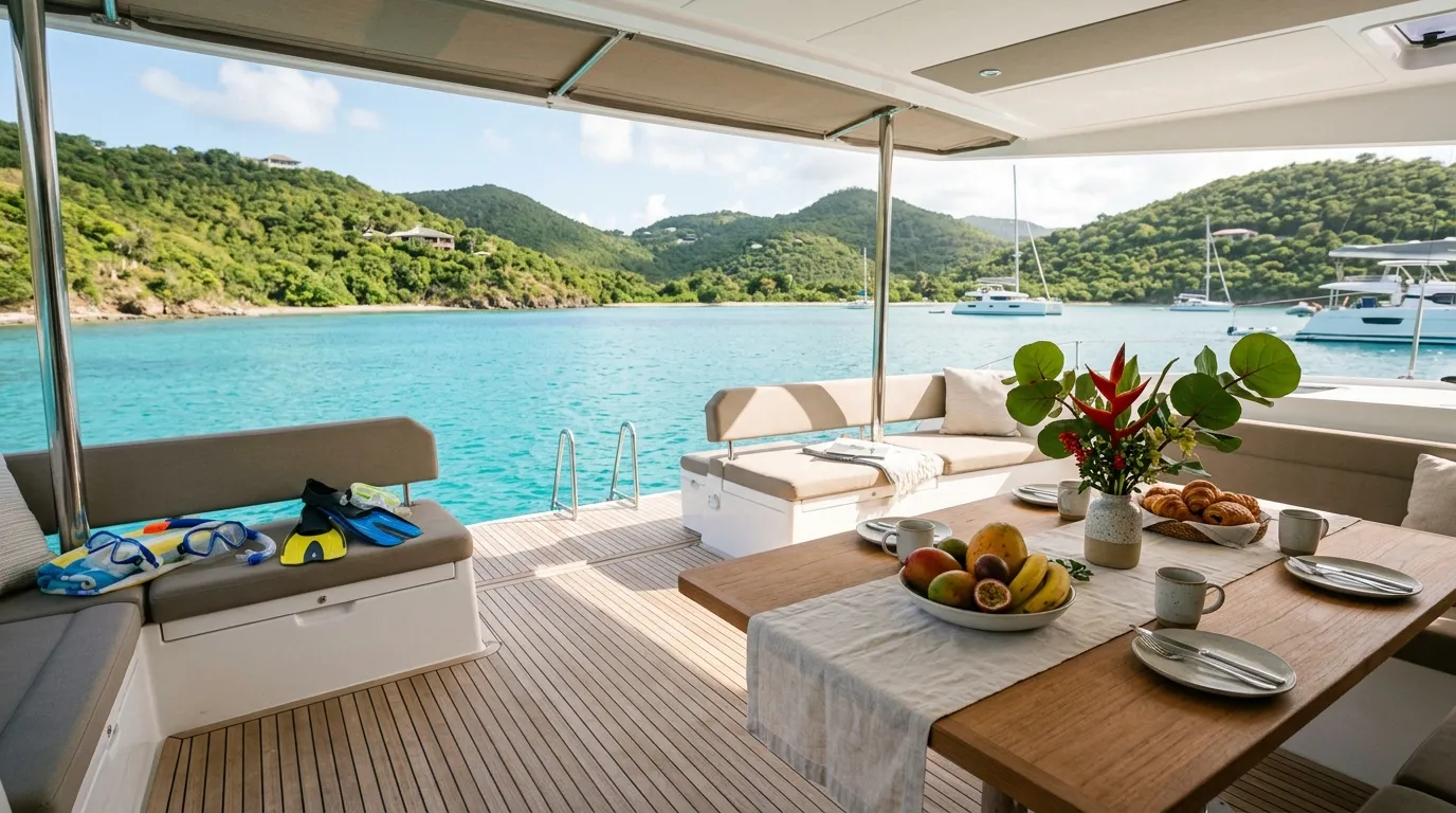 Catamaran aft deck set for a family brunch in a sheltered BVI bay during Christmas yacht charter week