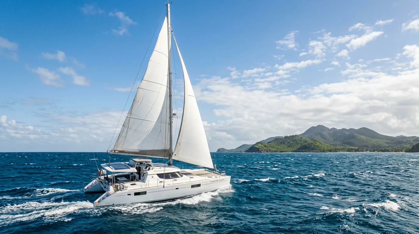 Crewed catamaran sailing under full sail in brisk Caribbean Christmas Winds during a December yacht charter