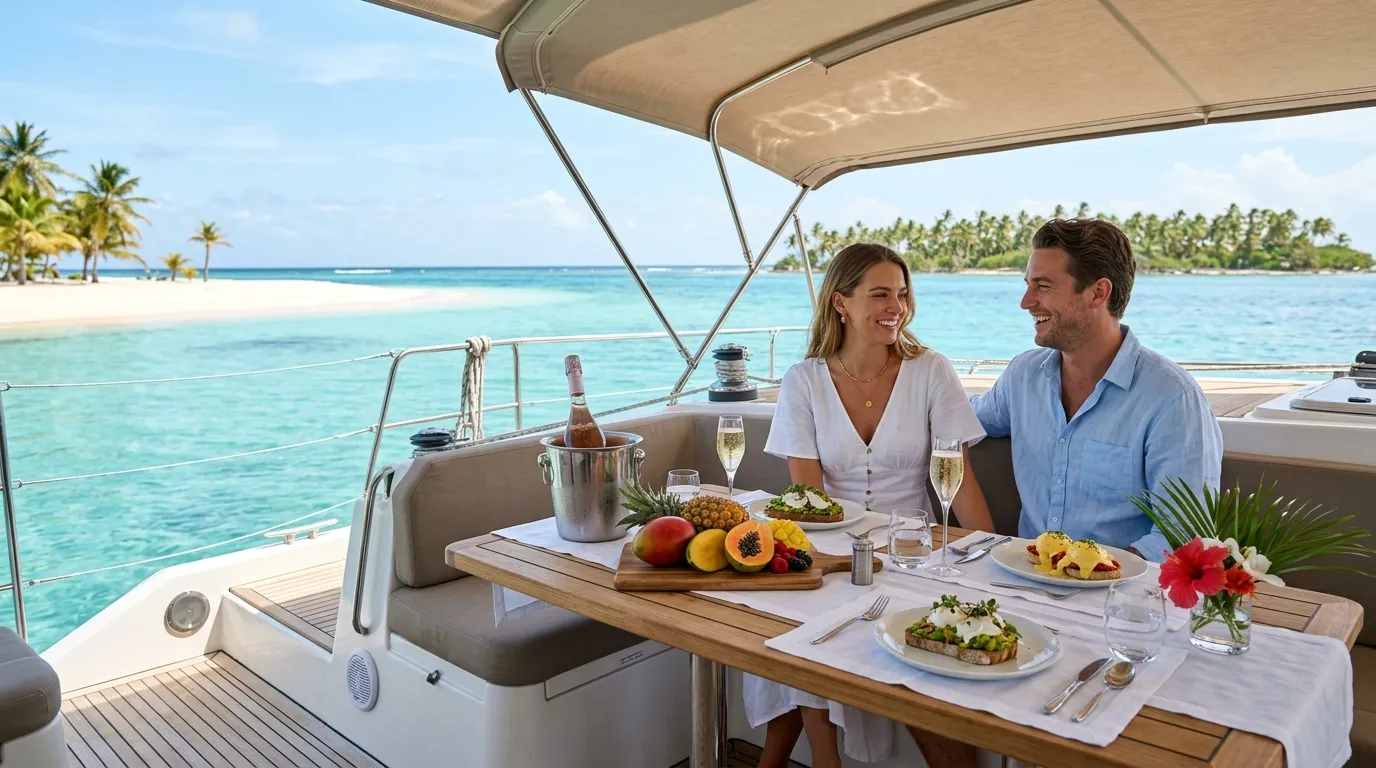Couple at chef-prepared brunch on the aft deck of a crewed honeymoon yacht charter catamaran