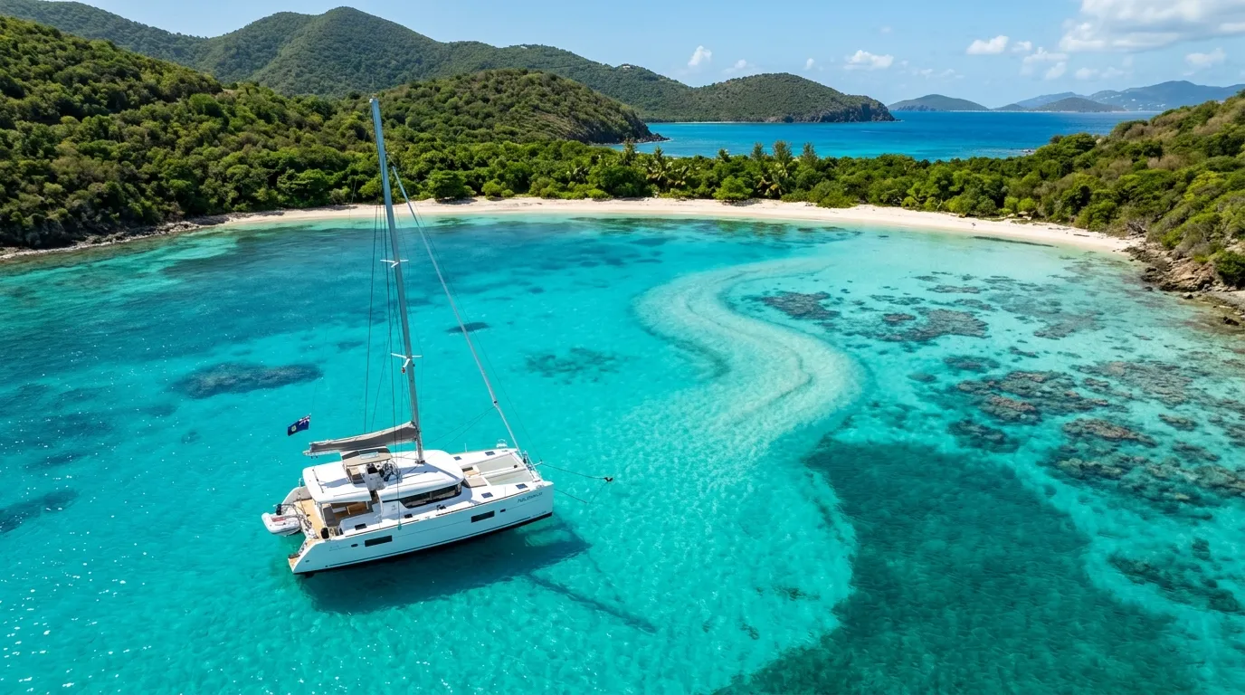 Aerial view of a crewed catamaran anchored alone in a turquoise Caribbean cove on a honeymoon yacht charter