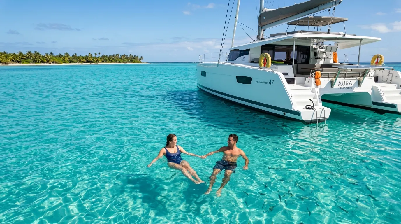 Couple floating in clear turquoise water beside their crewed honeymoon yacht charter catamaran