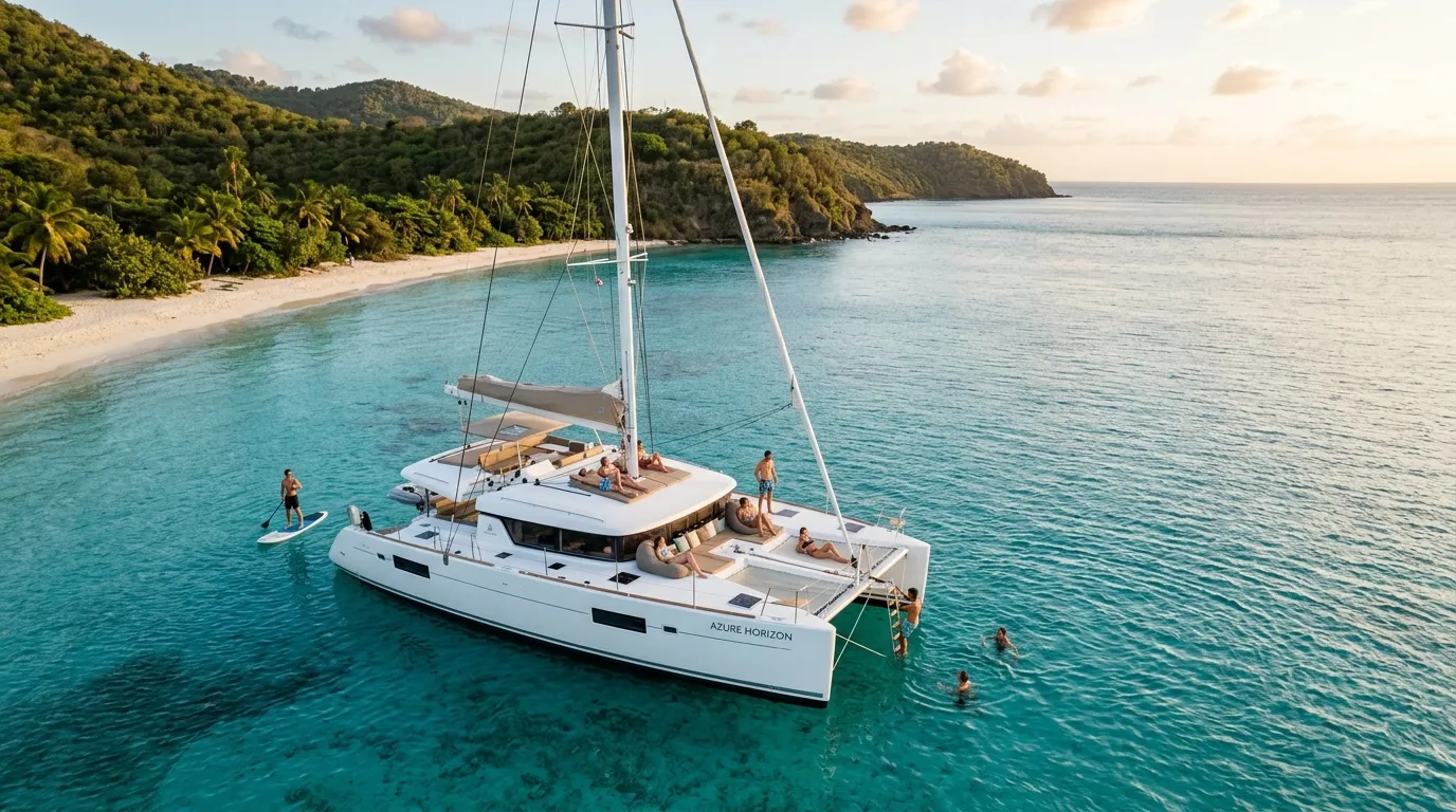 Aerial view of a 50-foot luxury catamaran with eight guests anchored in a Caribbean cove