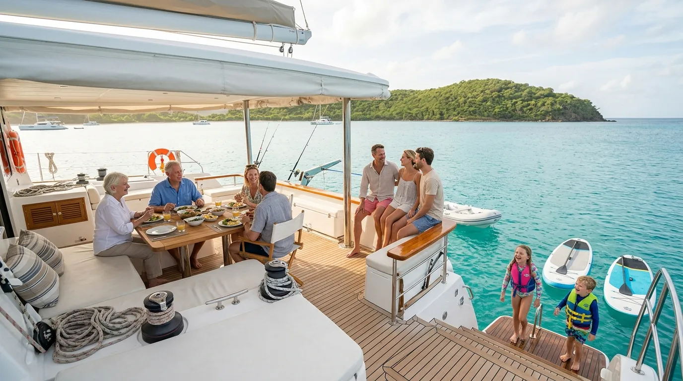 Multi-generational family group dining and relaxing on the aft deck of a luxury catamaran