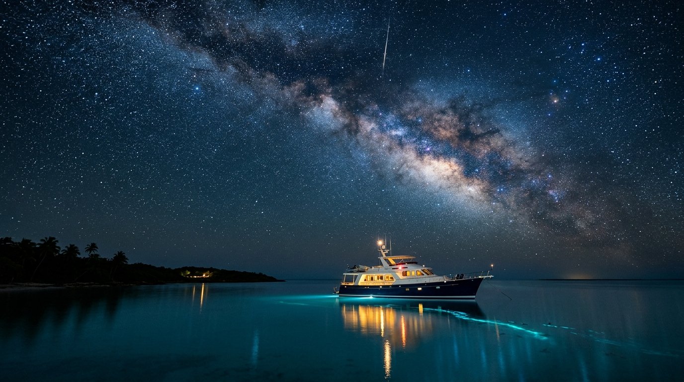 Milky Way galaxy arching over a single anchored crewed yacht in a remote Caribbean cove with bioluminescent water trails — noctourism yacht charter