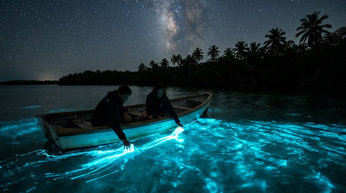 Two guests in an electric tour boat trailing brilliant blue-green bioluminescent hand-streaks in Mosquito Bay Vieques Puerto Rico under the Milky Way