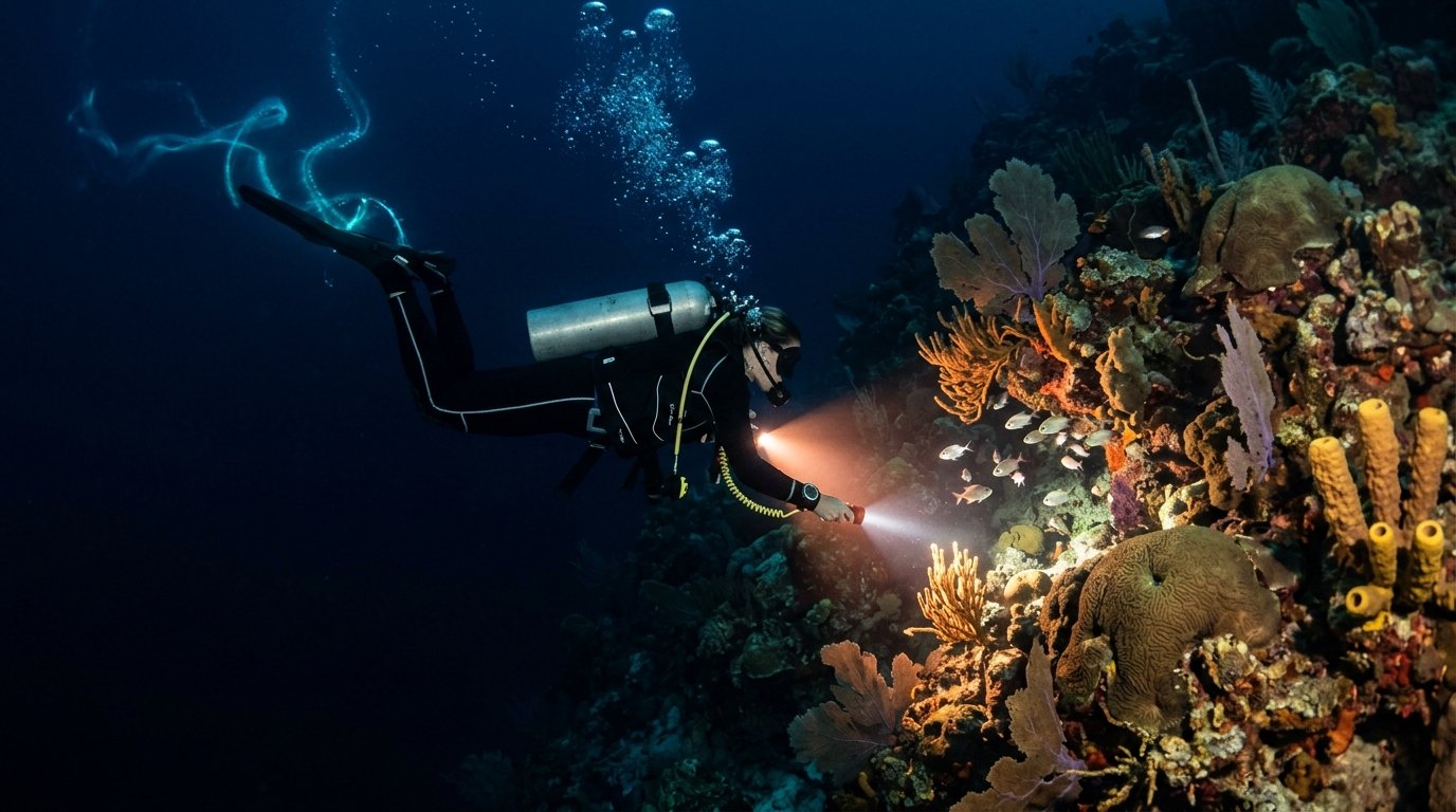 Single scuba night diver with torch beam illuminating a Caribbean coral reef wall with bioluminescent trail at fin tip