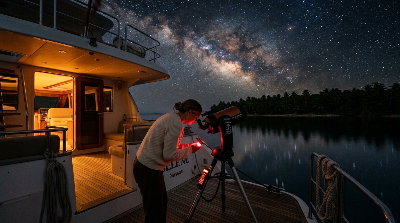 Guest looking through a Celestron telescope on the aft deck of an anchored yacht under a Bortle 2 Milky Way