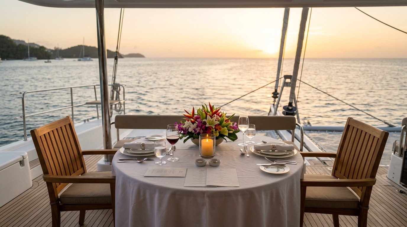Elegant dining table set on the aft deck of a luxury yacht at sunset with no staff visible