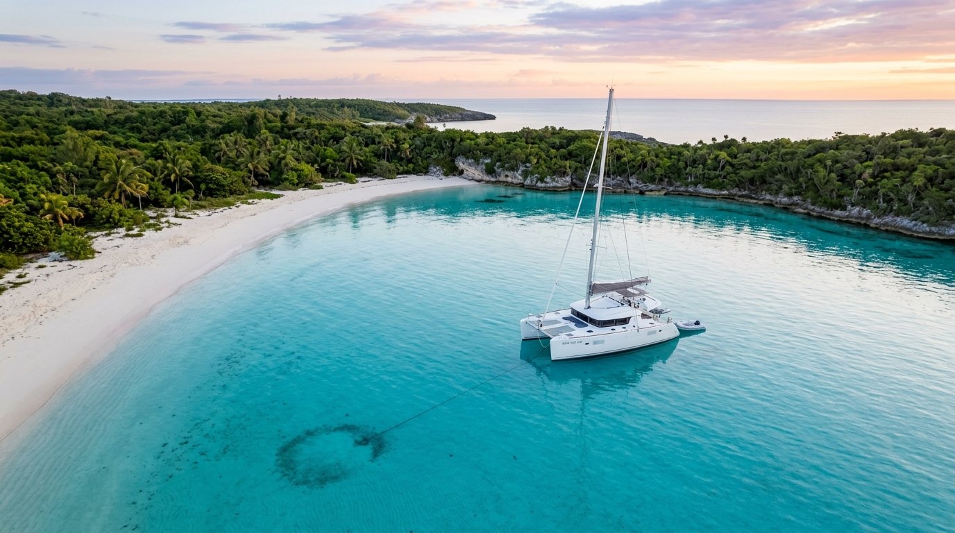 Single catamaran anchored alone in a private turquoise Bahamian cove at sunrise