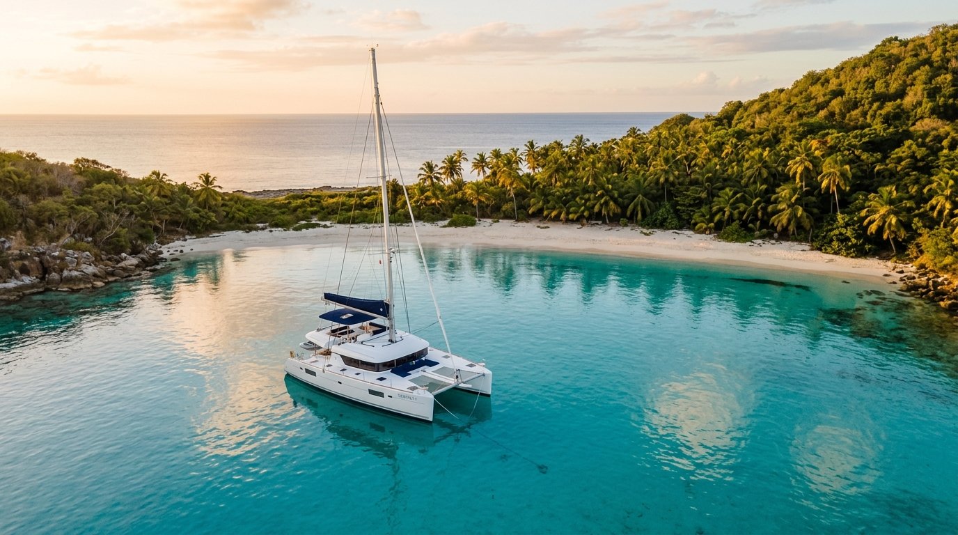 Solo luxury crewed catamaran anchored alone in an empty Caribbean cove at golden hour