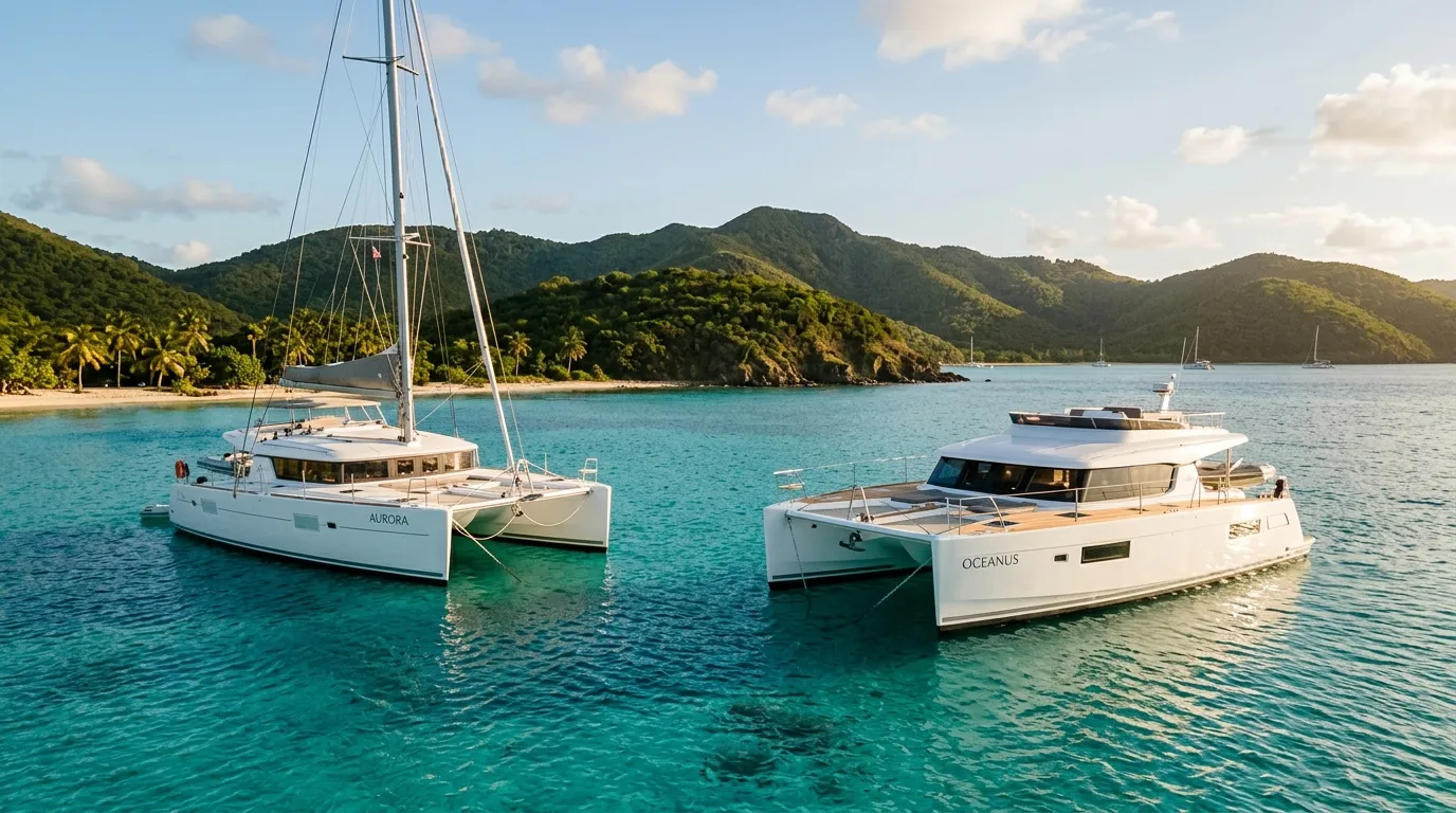 Sailing catamaran and power catamaran anchored side by side in a Caribbean bay for charter comparison