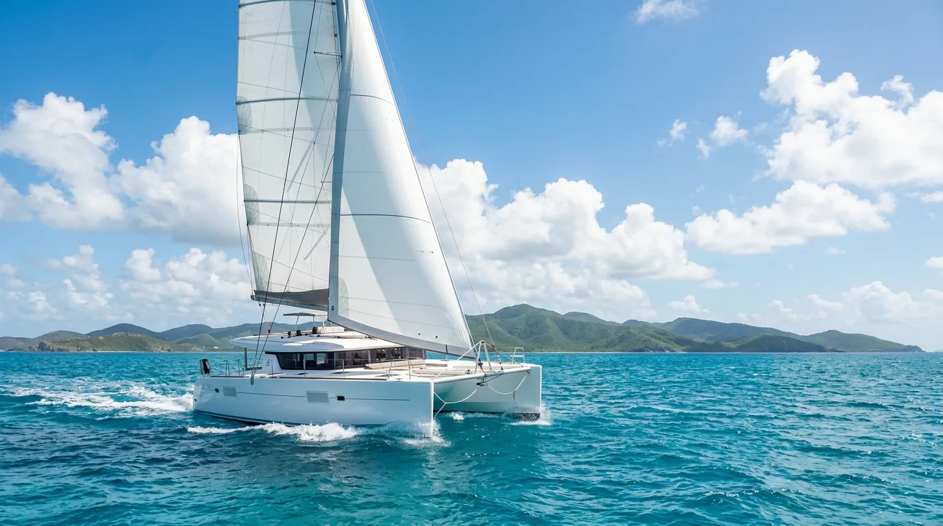 Sailing catamaran underway with full sails on Caribbean trade winds at 8 knots