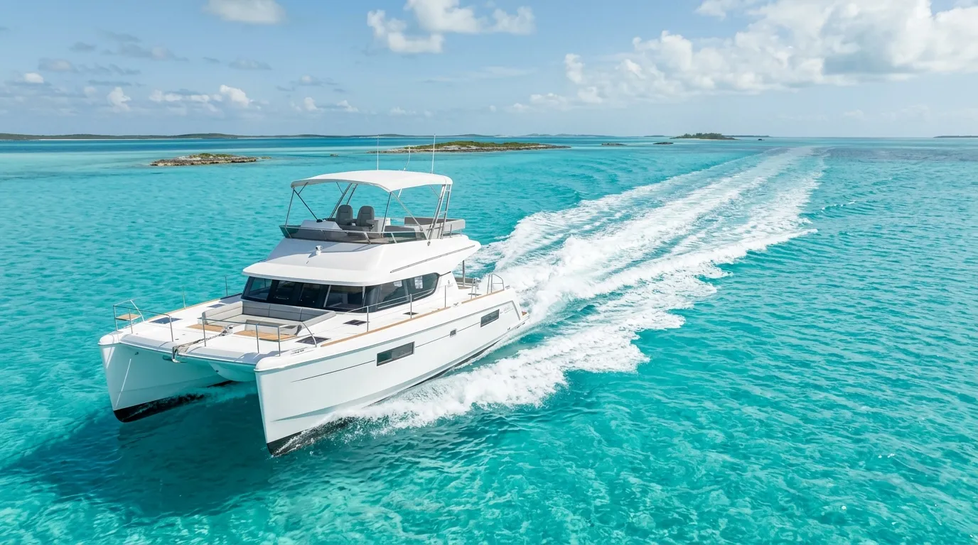 Power catamaran cruising at 17 knots across shallow turquoise Bahamas Exumas water