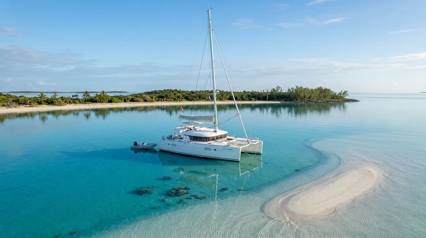 Sailing catamaran anchored in calm Exumas cove with shallow sandbar in foreground
