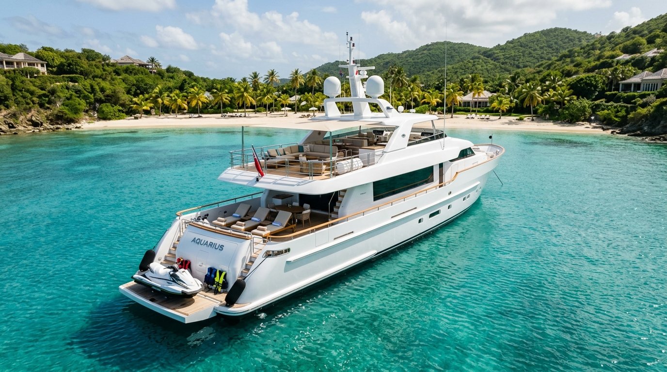 A 150-foot motor superyacht anchored in a Caribbean cove evoking the Below Deck Bravo TV setting