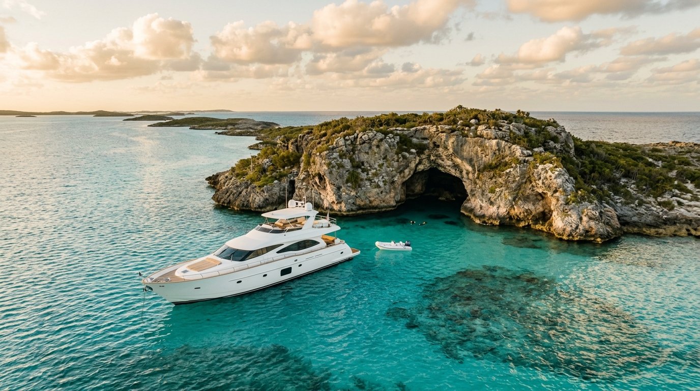 White luxury yacht moored beside a rocky turquoise cove near a small island.