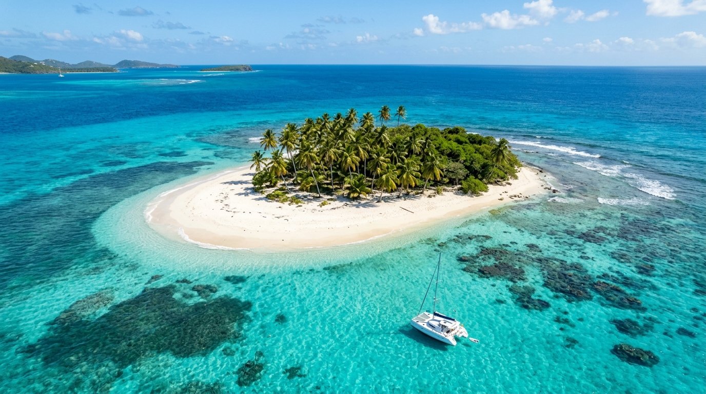 Aerial view of Petit Tabac uninhabited cay in the Tobago Cays Pirates of the Caribbean marooned scene location