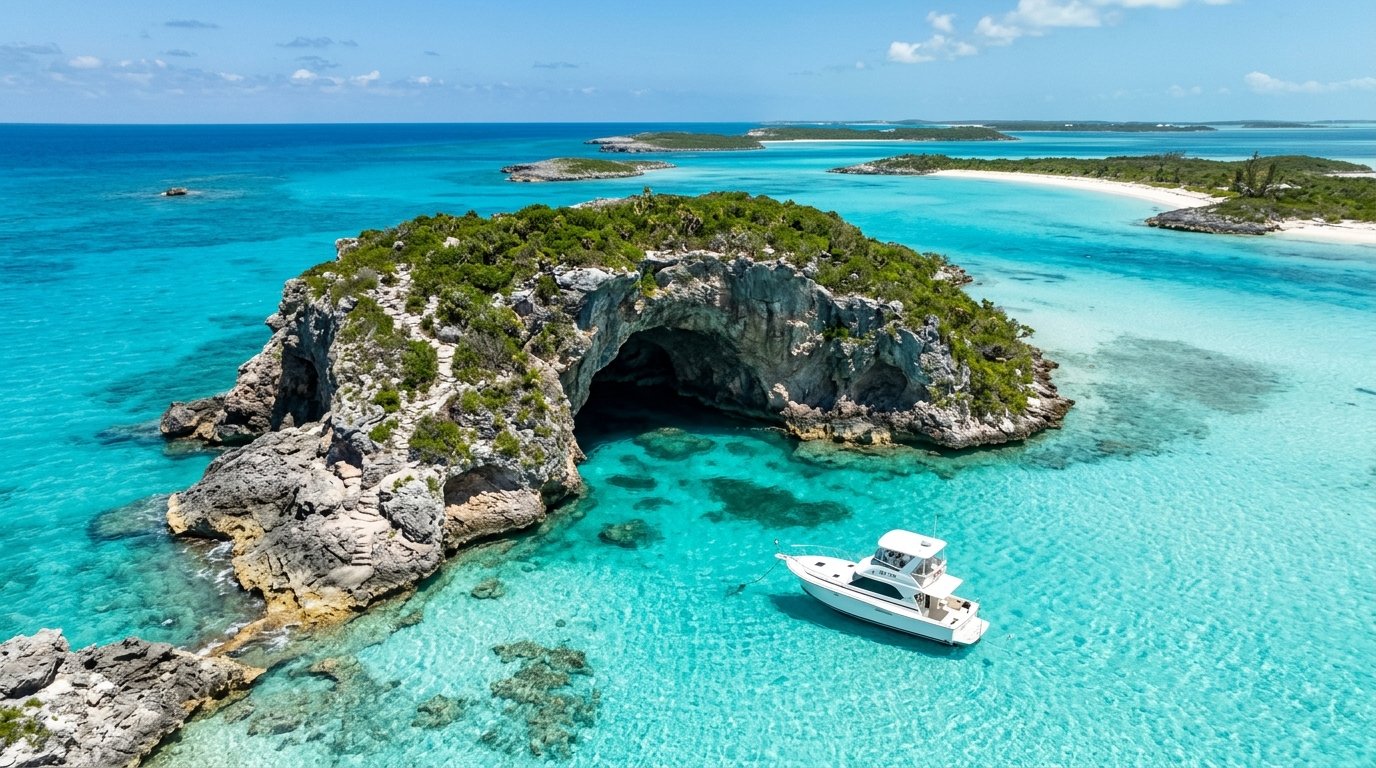 Aerial view of Thunderball Grotto at Staniel Cay Exuma Cays Bahamas James Bond filming location