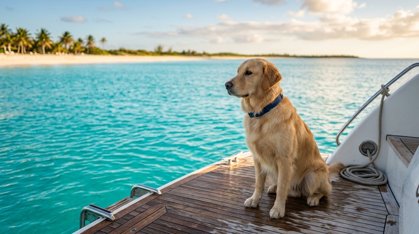 Golden retriever on yacht swim platform looking at turquoise Caribbean water on a pet friendly yacht charter