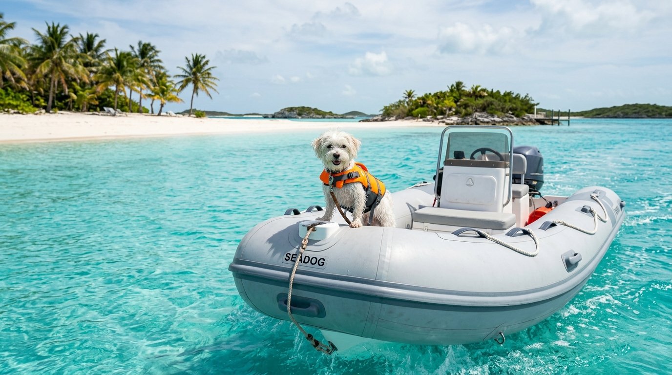 Small dog in life vest aboard yacht tender approaching a Bahamas Exuma beach for a pet friendly charter