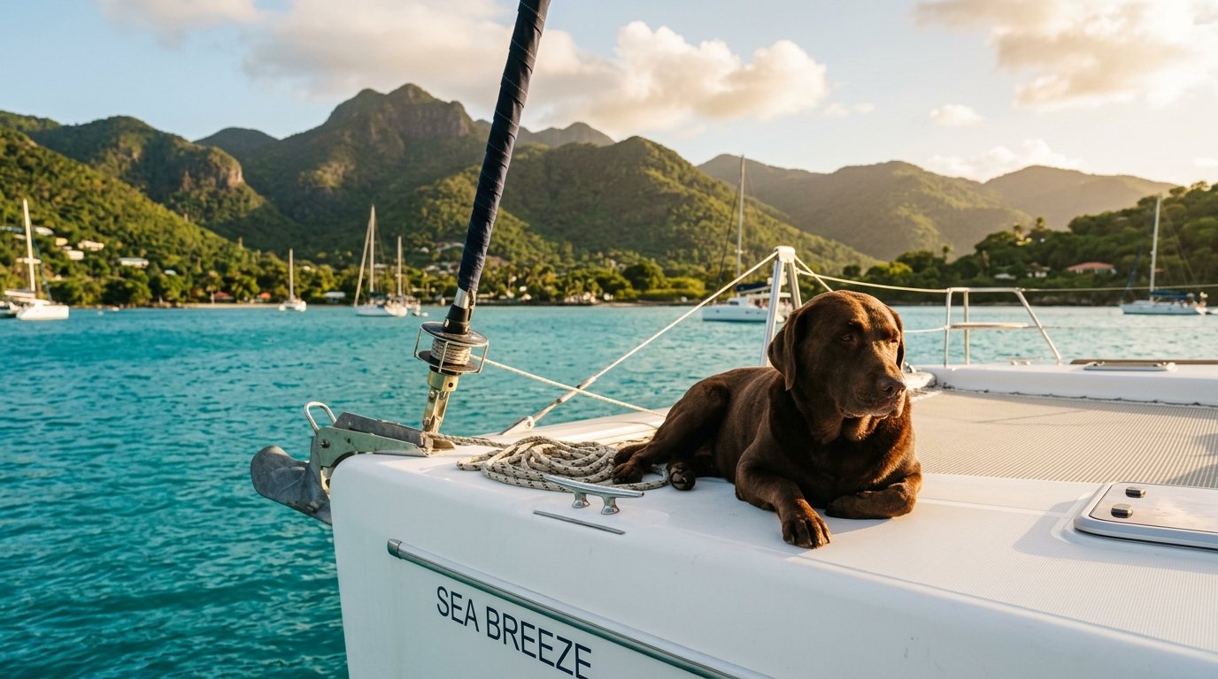 Chocolate labrador retriever lying on the bow of a sailing yacht anchored in the BVI