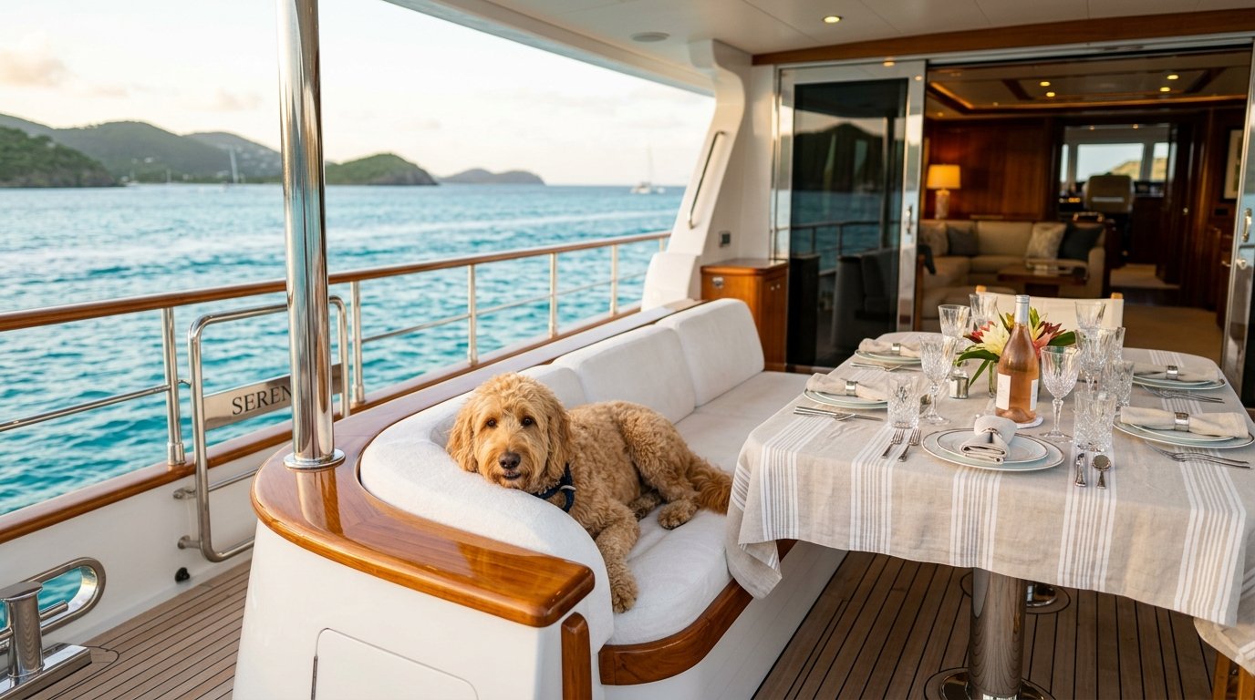 Golden doodle relaxing on the aft deck of a Caribbean motor yacht charter
