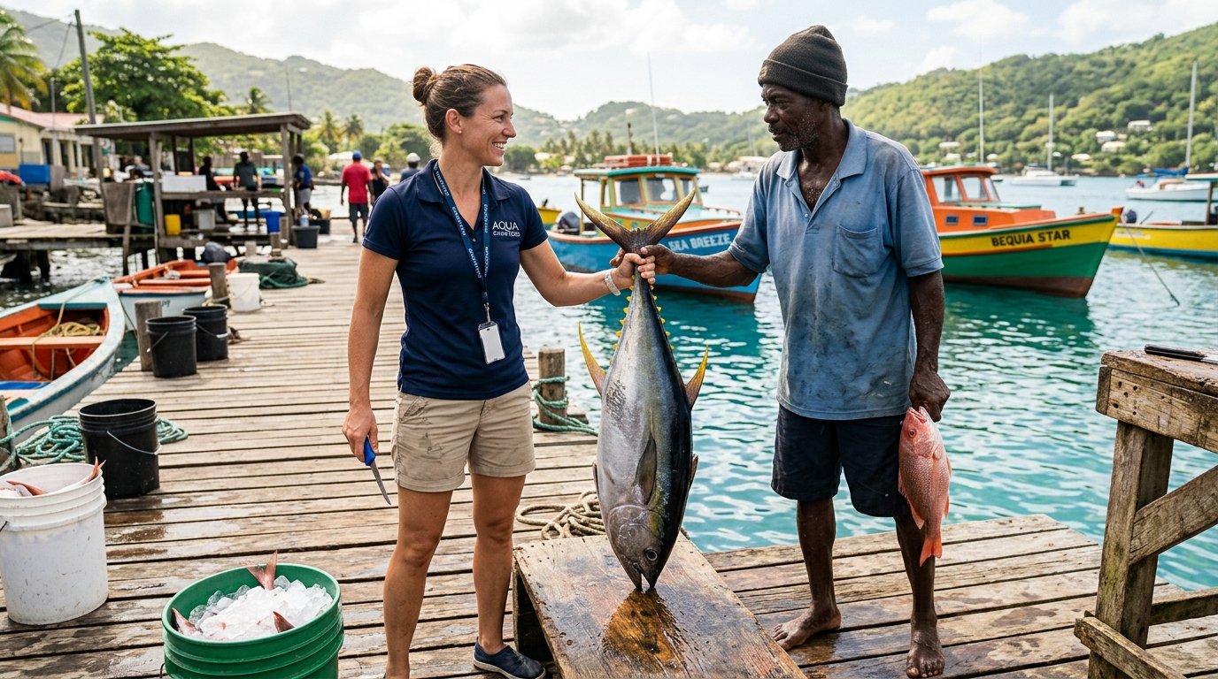 Yacht charter chef purchasing fresh fish from a local fisherman at the Bequia fish dock for a sustainable yacht charter caribbean trip