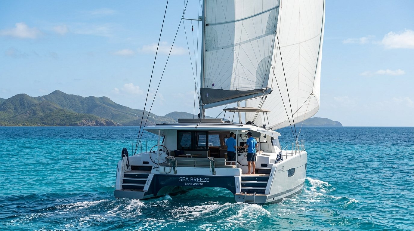 Modern sailing catamaran under full sail in the Caribbean producing zero diesel emissions on a sustainable yacht charter caribbean