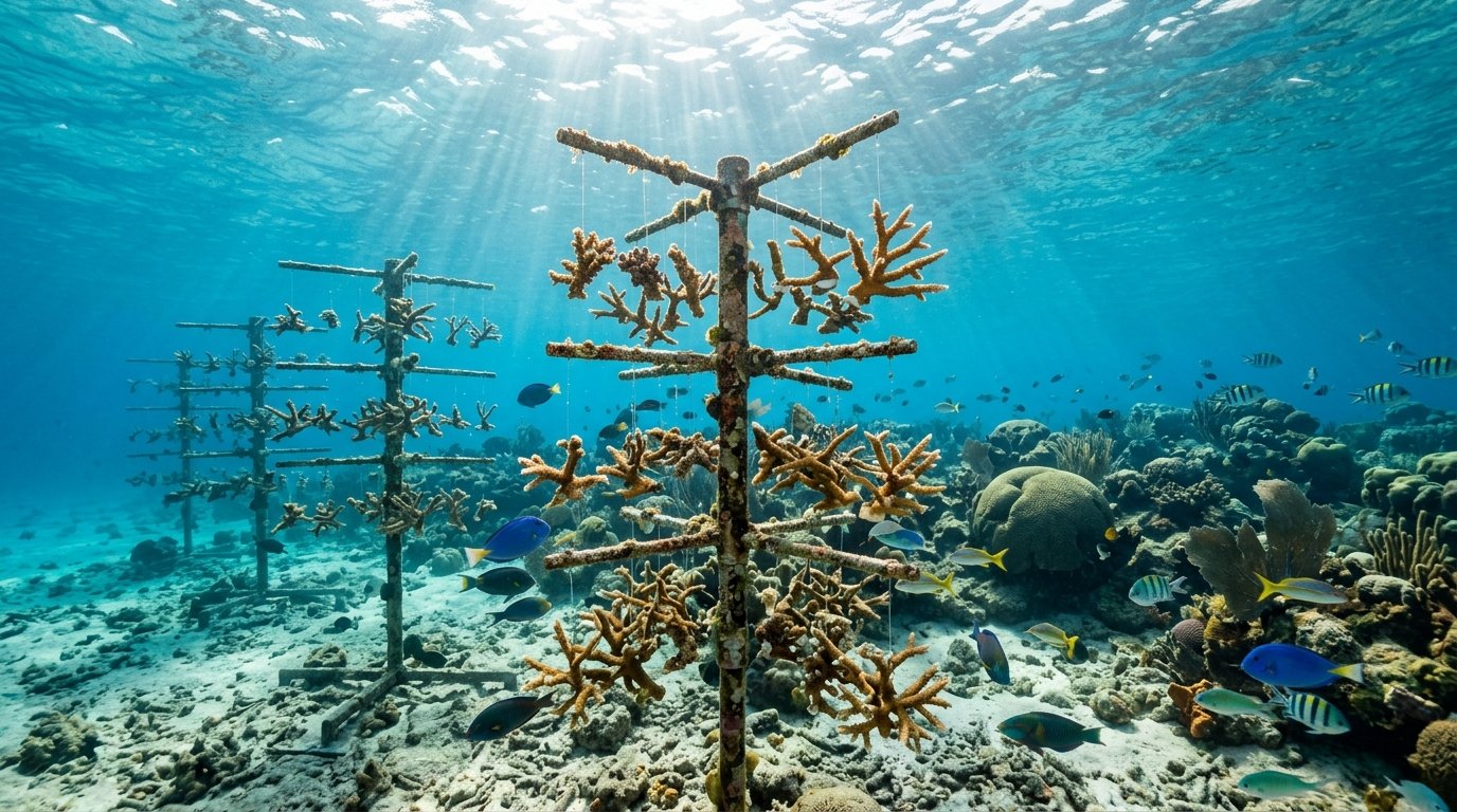 Caribbean coral nursery with elkhorn and staghorn fragments growing on metal trees for reef restoration