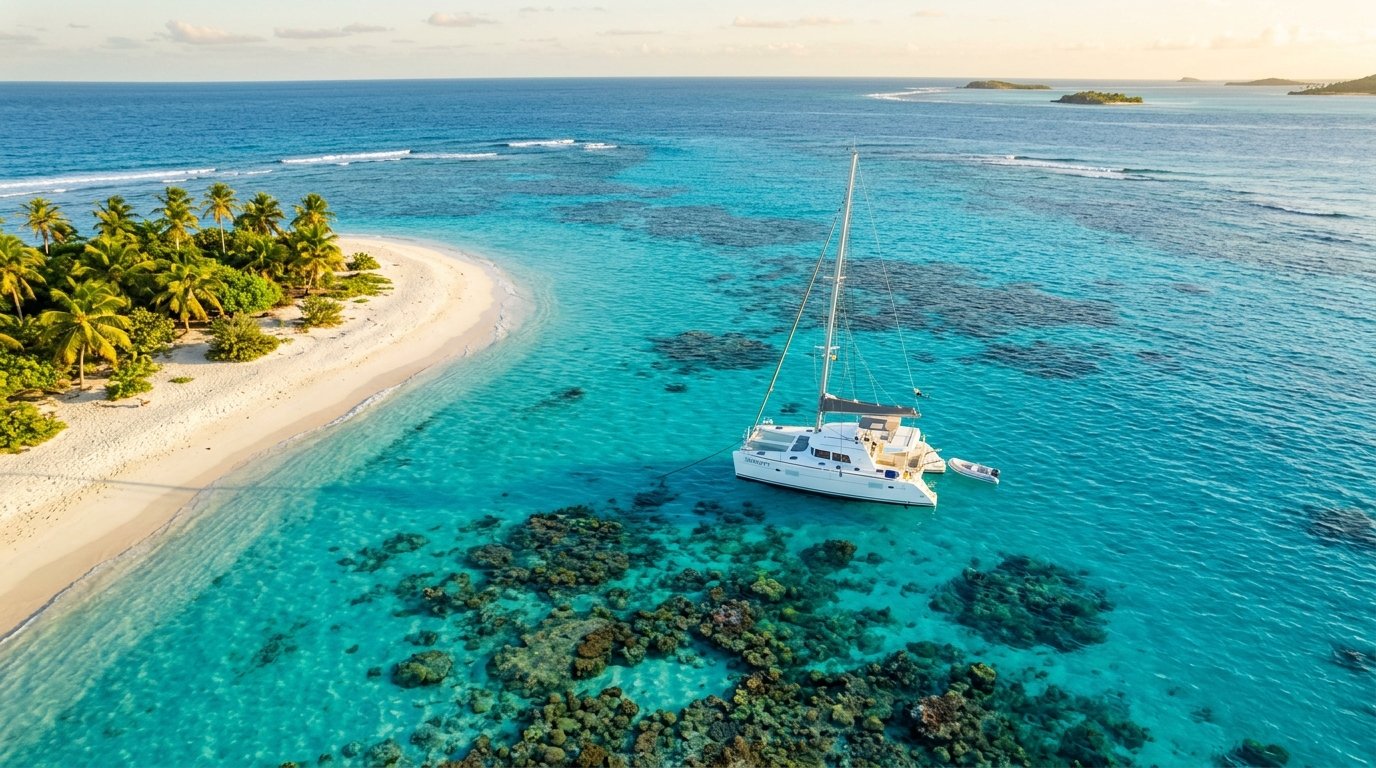 Aerial drone view of a single sailing catamaran anchored at a remote Caribbean cay with pristine coral reef below
