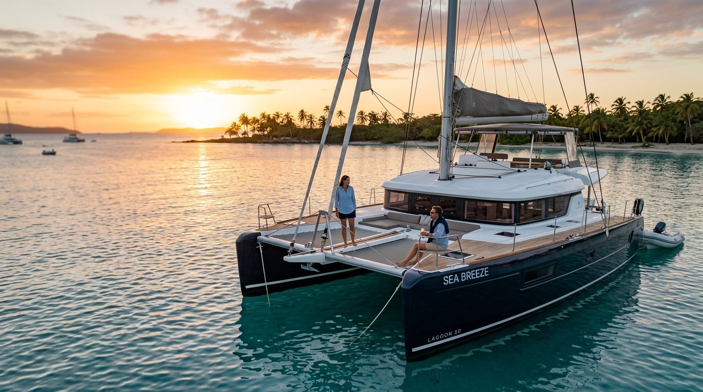 Sailing catamaran at anchor in cooler late-afternoon Caribbean light with two guests in light layers on a shoulder season Caribbean yacht charter