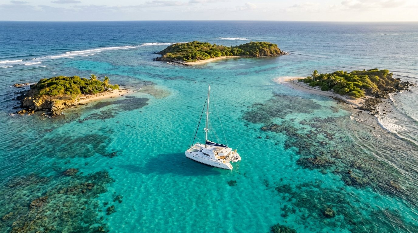 Aerial view of a single sailing catamaran anchored alone at the Tobago Cays in Caribbean shoulder season