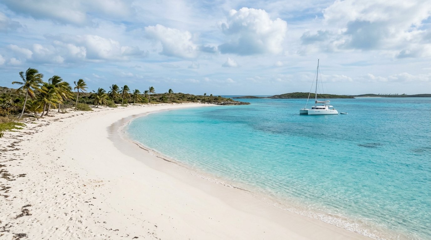 Empty Bahamas Exumas beach with a sailing catamaran anchored offshore in early December shoulder season
