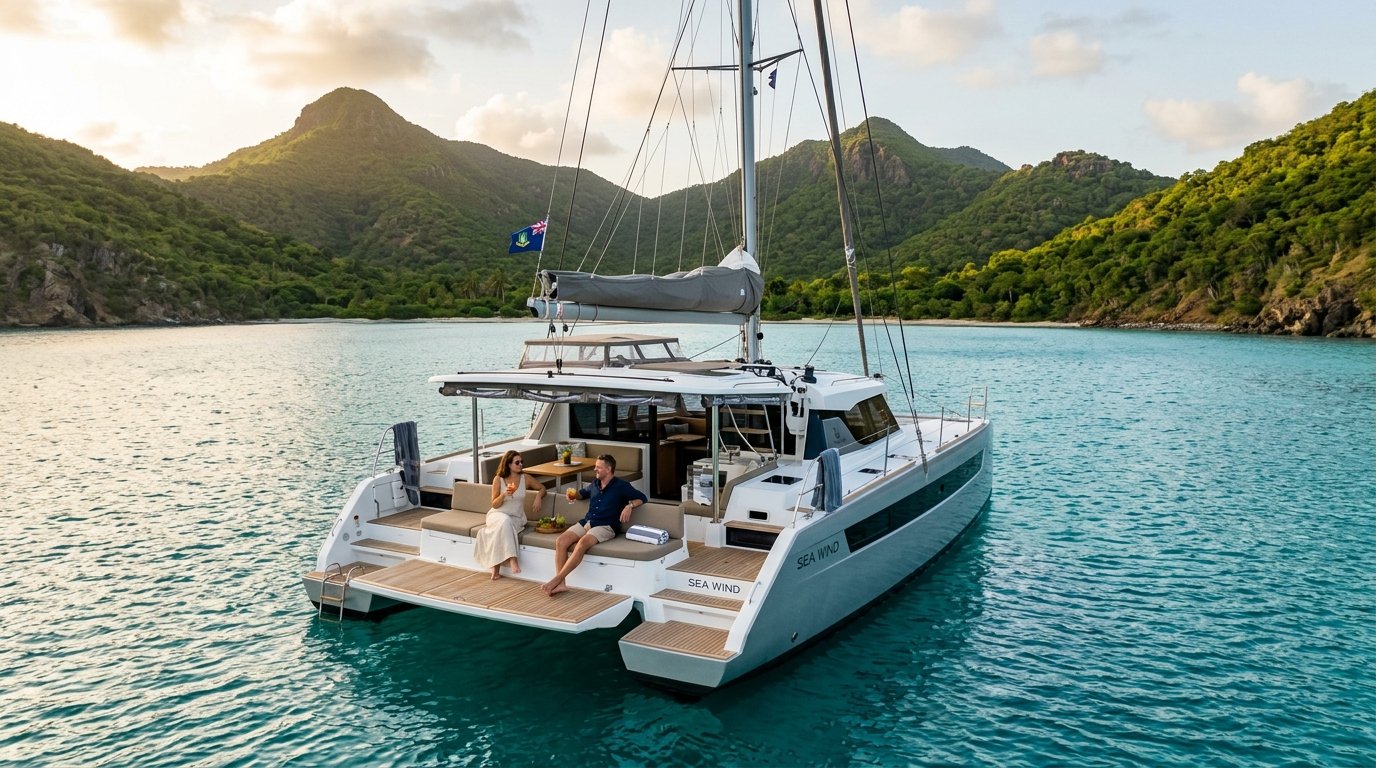 Crewed sailing catamaran at anchor in a quiet BVI bay during shoulder season with green volcanic mountains behind