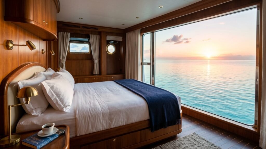 Luxury yacht stateroom with bed facing a large window onto open Caribbean water at dawn for a crewed yacht charter vs luxury train comparison