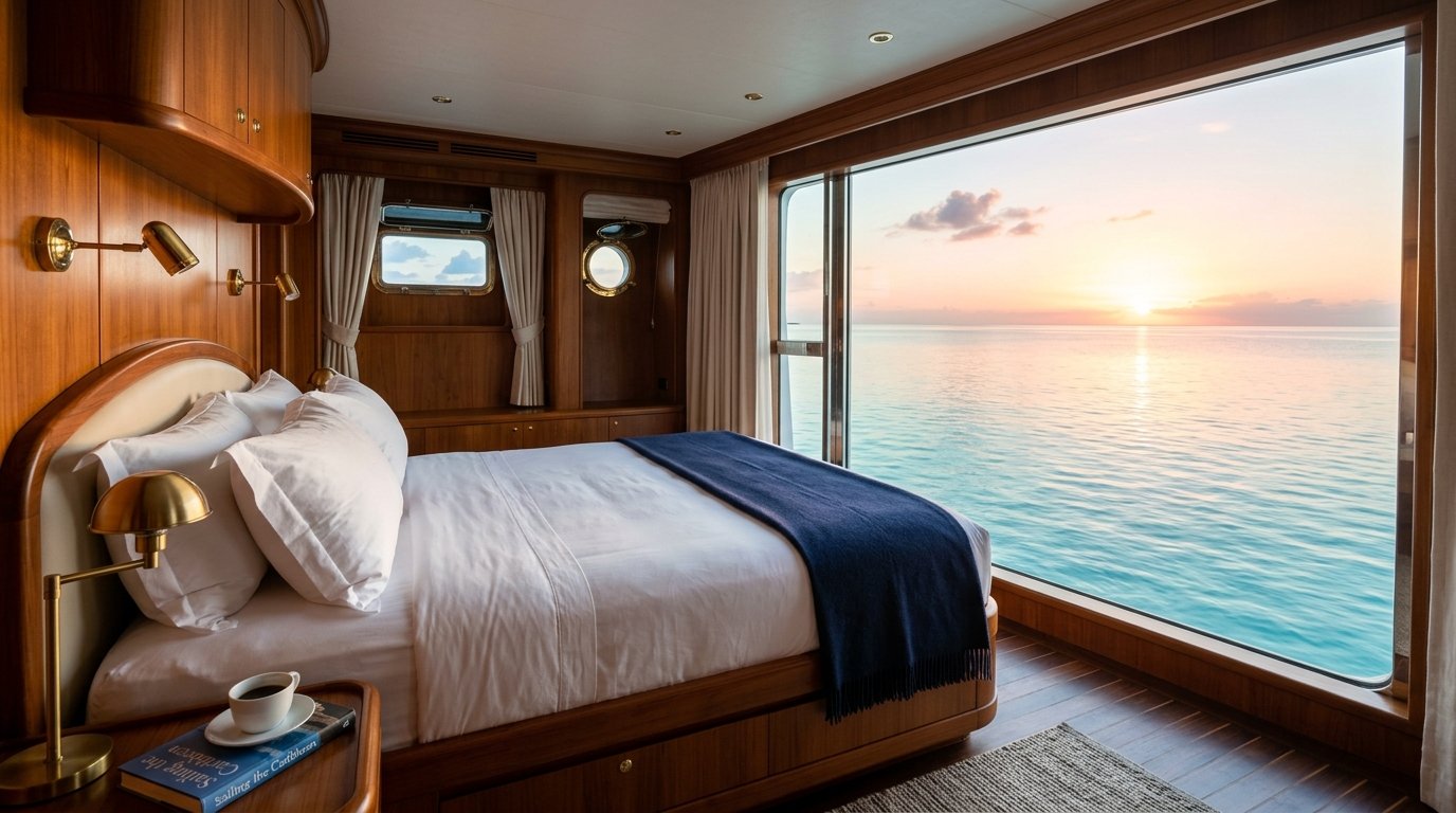 Luxury yacht stateroom with bed facing a large window onto open Caribbean water at dawn for a crewed yacht charter vs luxury train comparison