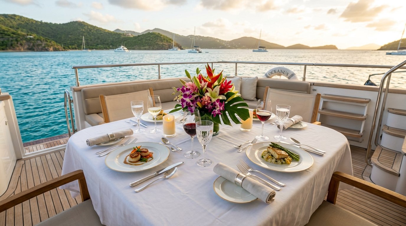 Formal yacht aft deck dining table with silver service and crystal at sunset, the onboard dining parallel to a luxury train