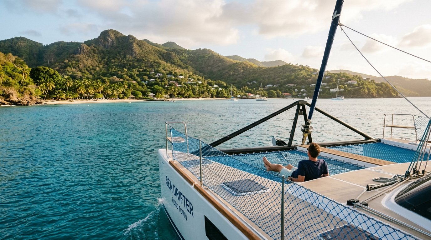 View of Caribbean coastline drifting past from the deck of a sailing catamaran on a slow-travel charter