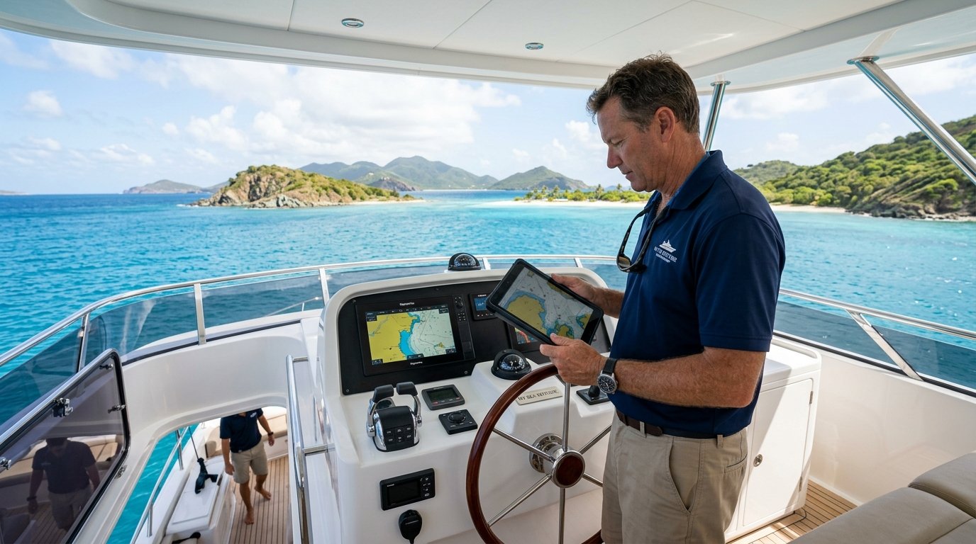 Yacht captain at the helm choosing between multiple Caribbean anchorages — route flexibility a luxury train cannot match