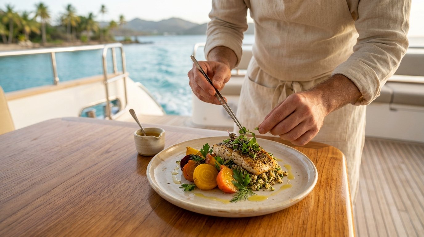 Yacht chef plating a plant-forward Mediterranean wellness dinner on the aft deck of a private crewed yacht β wellness yacht charter