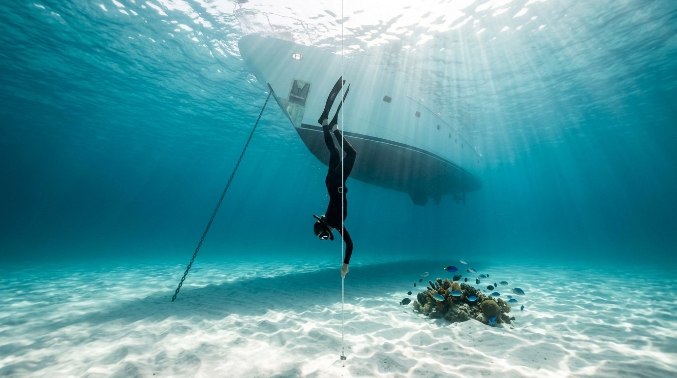 Solo freediver descending a vertical line beside an anchored crewed yacht in clear Caribbean water β wellness yacht charter ocean immersion