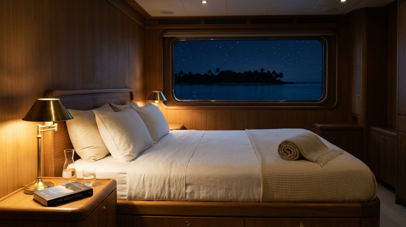 Master cabin of a crewed yacht at anchor under a dark Caribbean night sky β sleep tourism environment on a wellness yacht charter